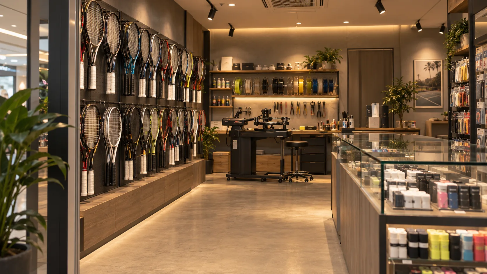 Shop interior, wide racquet wall and service counter