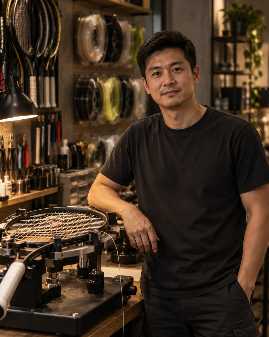 Portrait at the bench Singaporean Chinese stringer, working