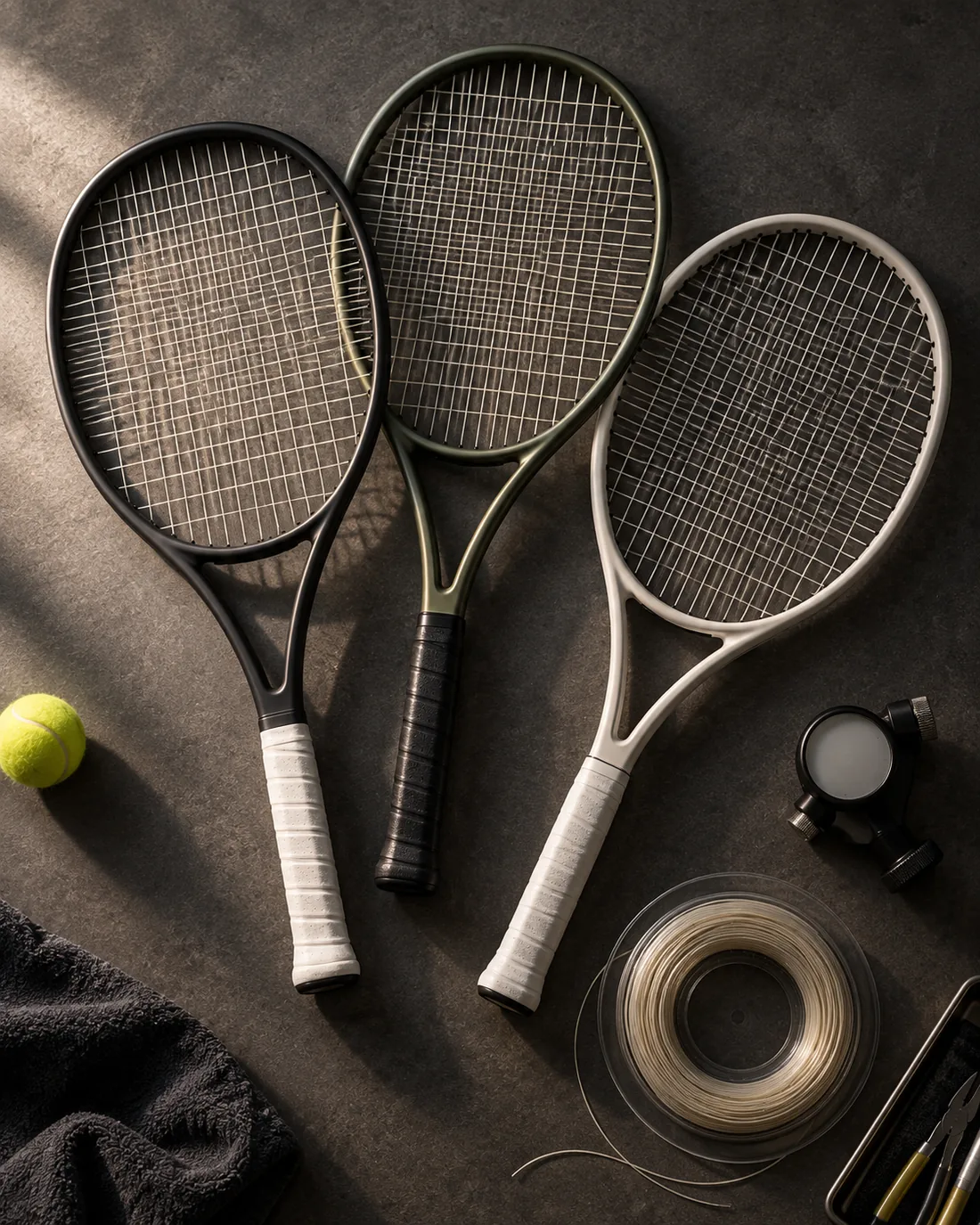 Flat lay: three frames, string reel, tension gauge