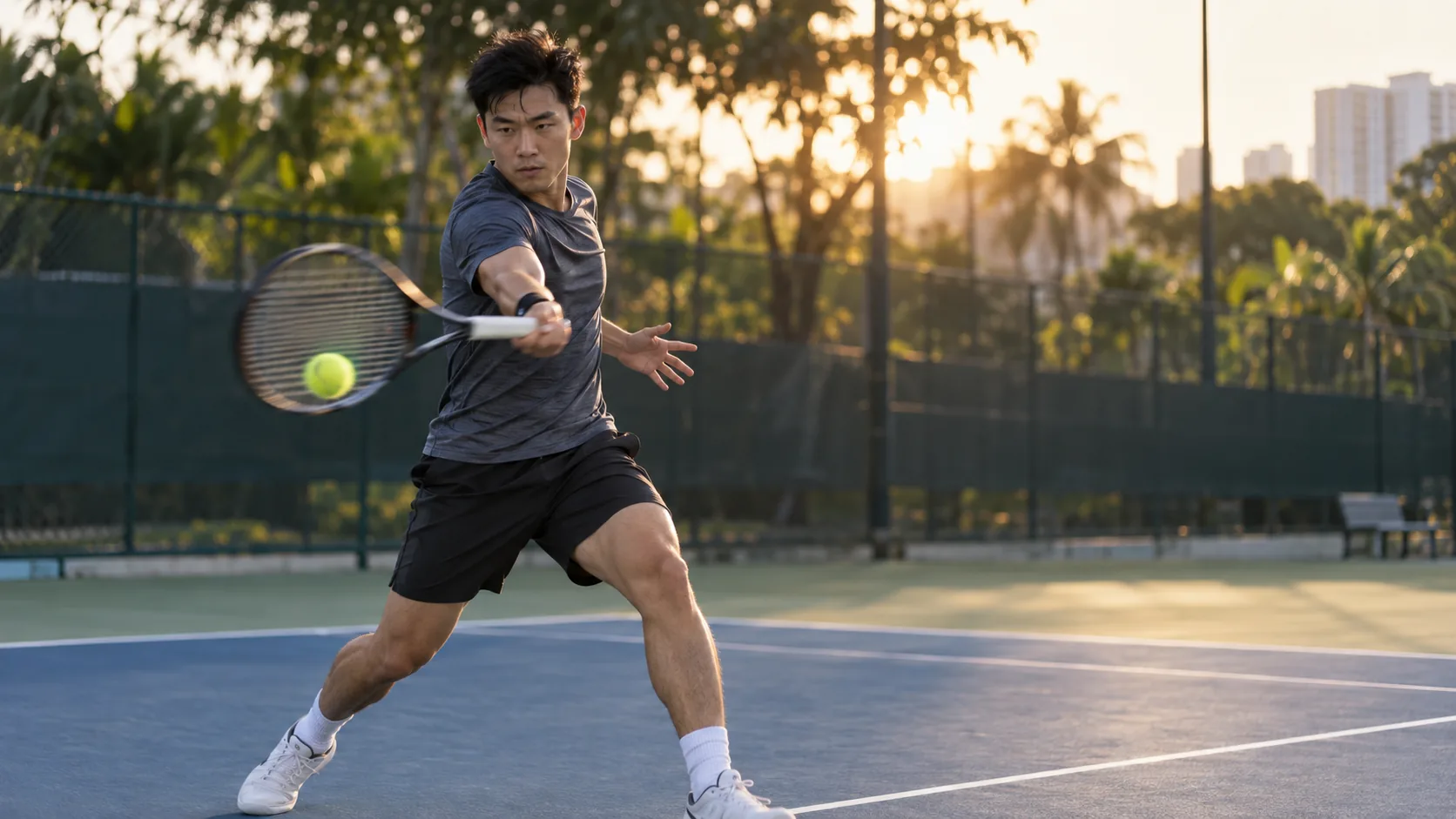 Hero photograph Player mid-rally, hard court, late afternoon