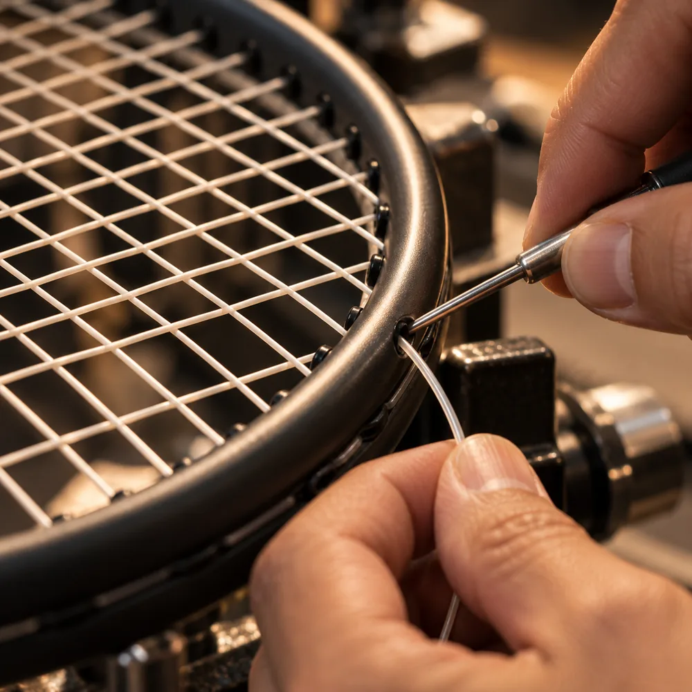 Close detail: string being pulled through the grommet