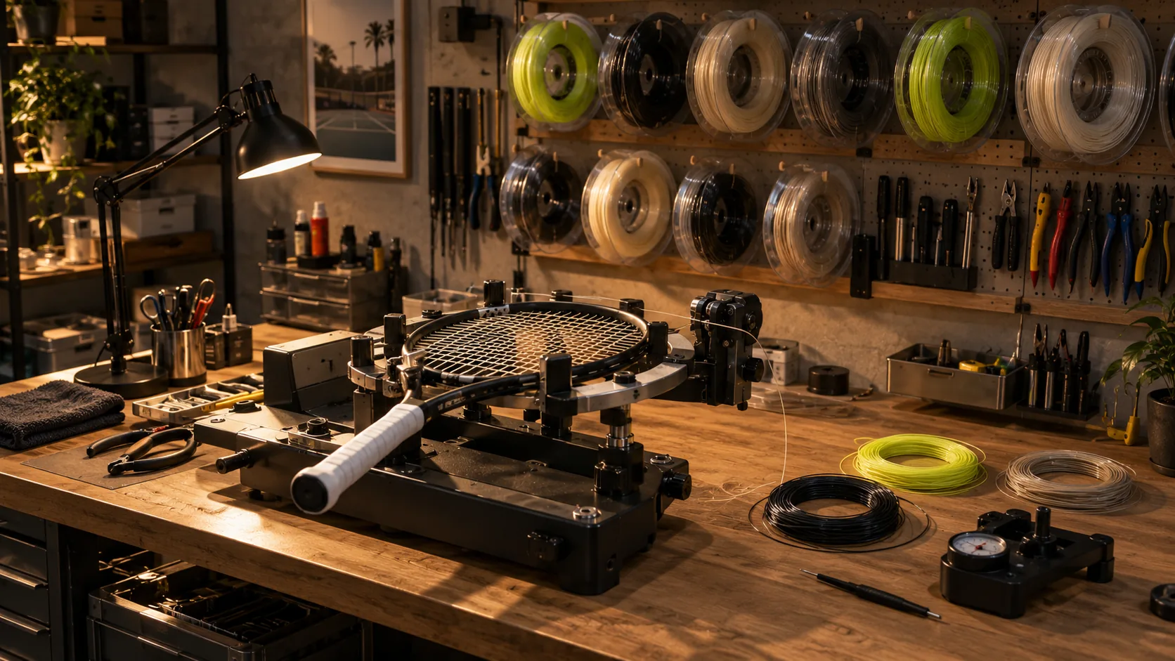 Stringing bench, wide machine, racquet clamped, reels behind