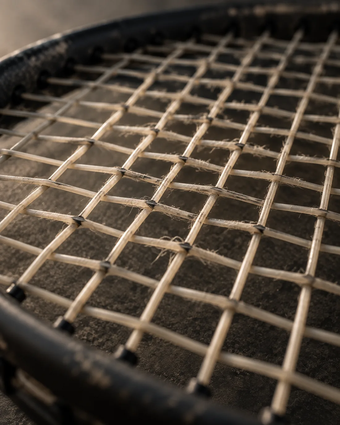 Worn string bed, close macro notching visible on the mains